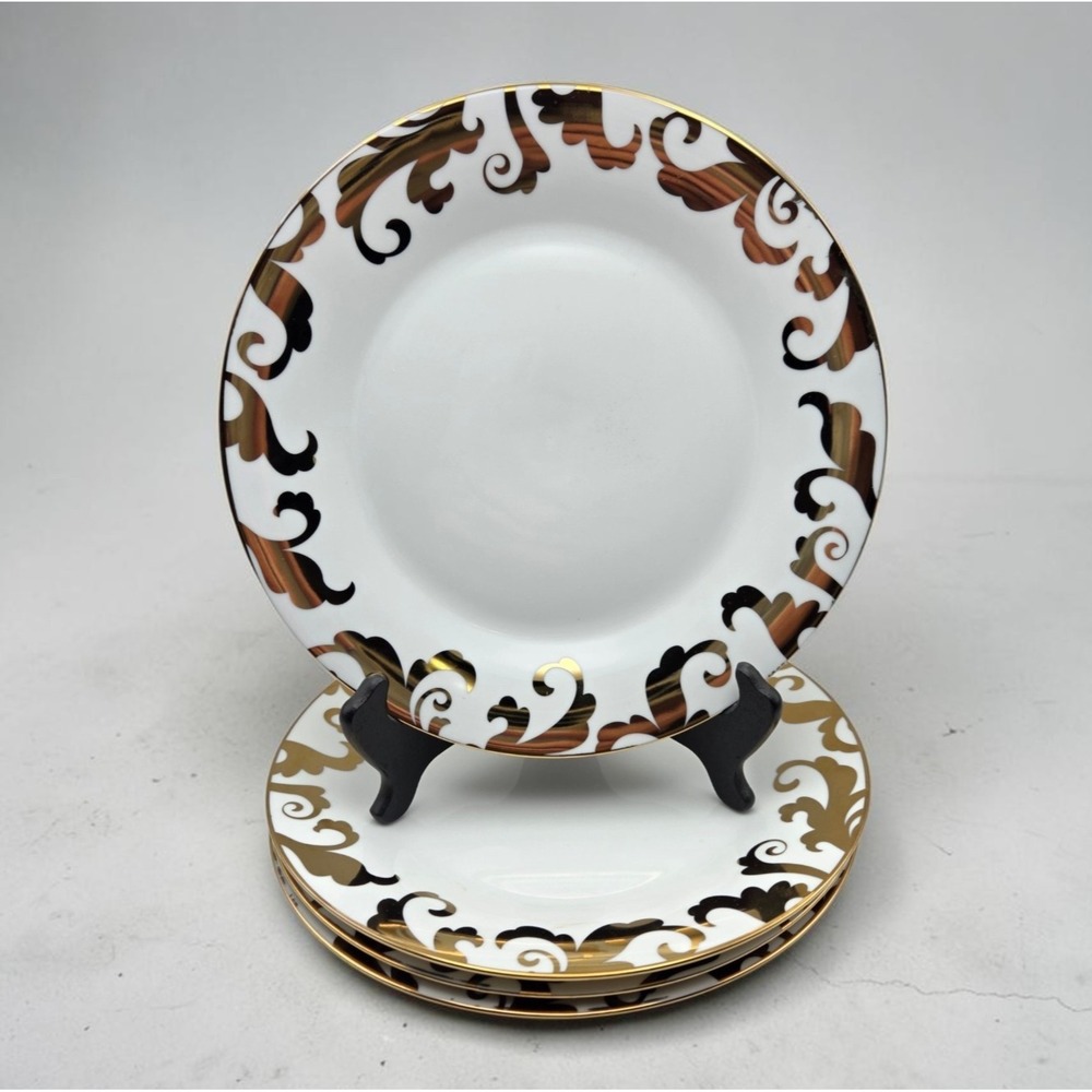 Set of 4 Ciroa Luxe Fiori Dinner Plates With Ornate Gold Scroll Rims 10.5" Glam